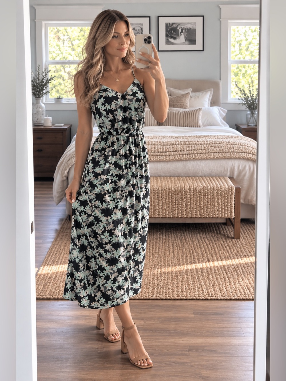 Banana Republic Black Floral Spaghetti-Strap Maxi Dress